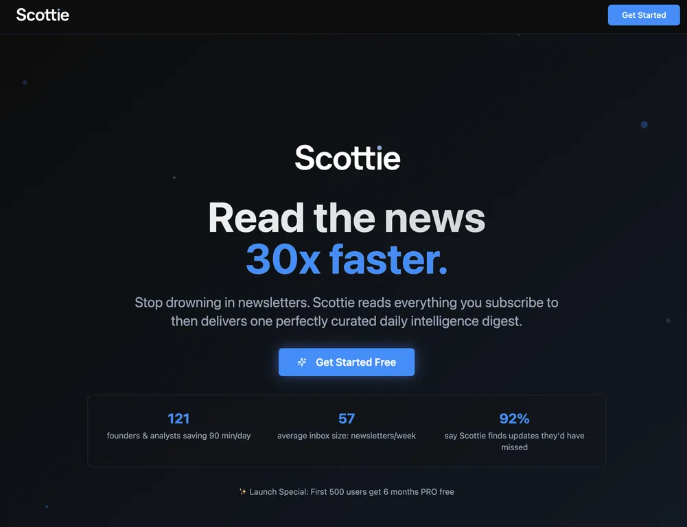Scottie — Read Less, Know More | $12/mo Newsletter ... screenshot