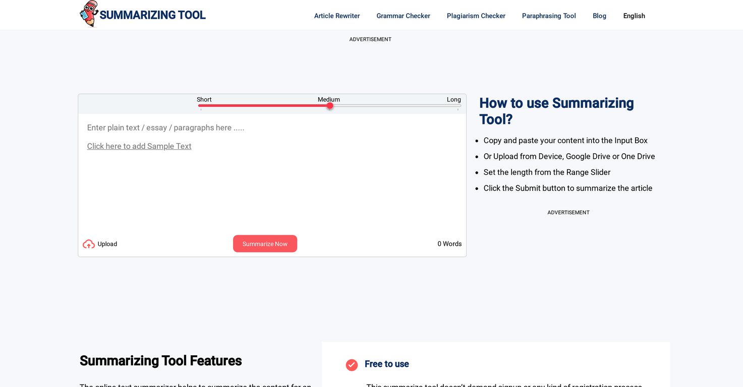 Summarizing Tool screenshot
