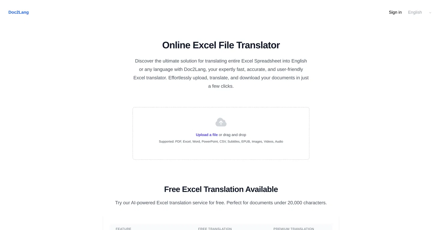 Doc2Lang Online Excel Translator screenshot