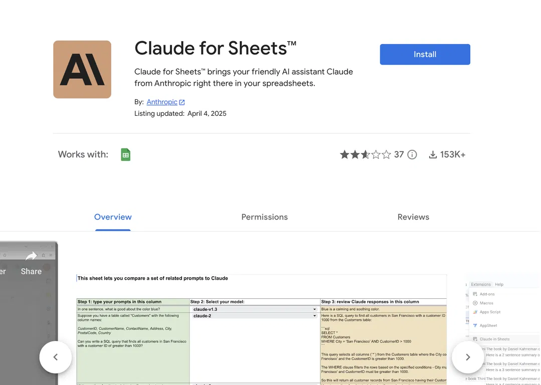 Claude for Sheets screenshot