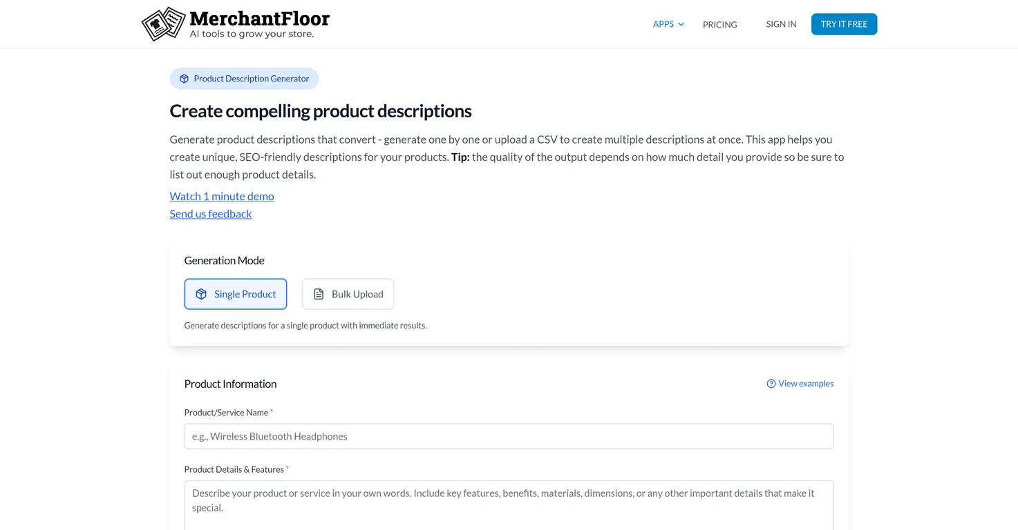 Merchant Floor | Product Descriptions screenshot