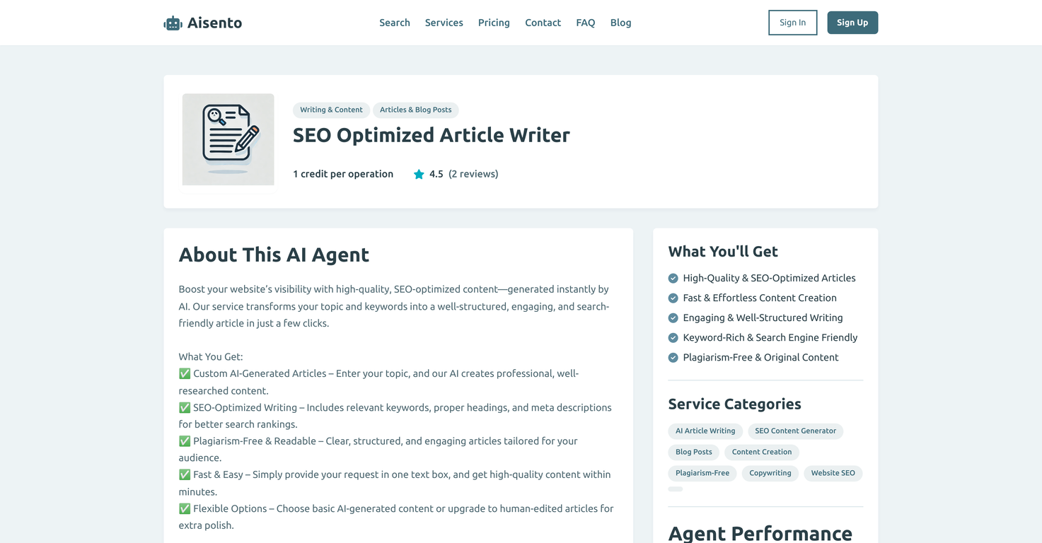 SEO Optimized Article Writer - Aisento screenshot