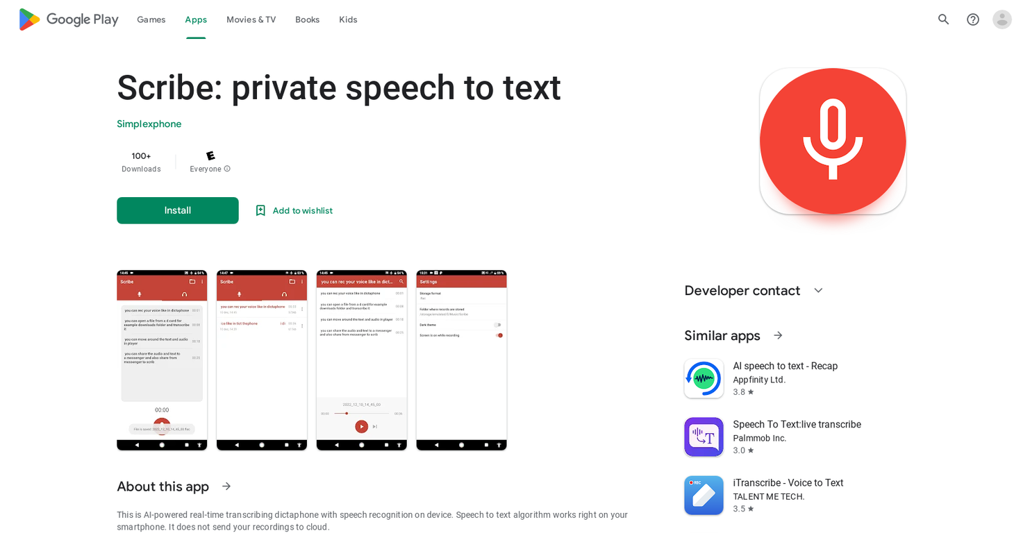 Scribe speech to text screenshot