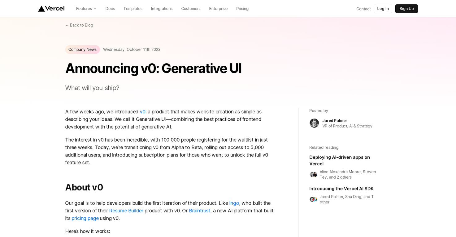 V0 Generative UI screenshot