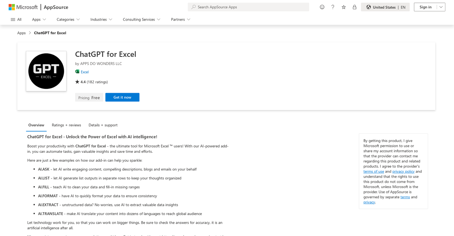 ChatGPT for Excel screenshot