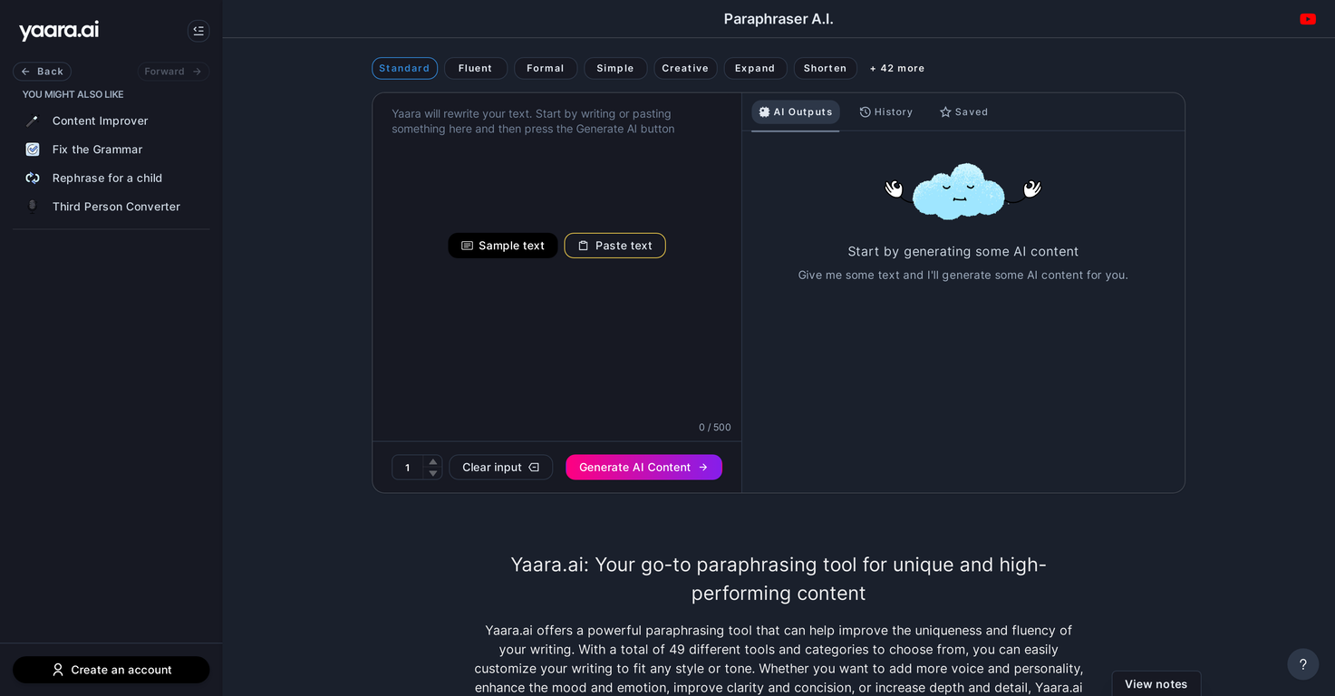 Yaara AI Paraphrasing Tool screenshot