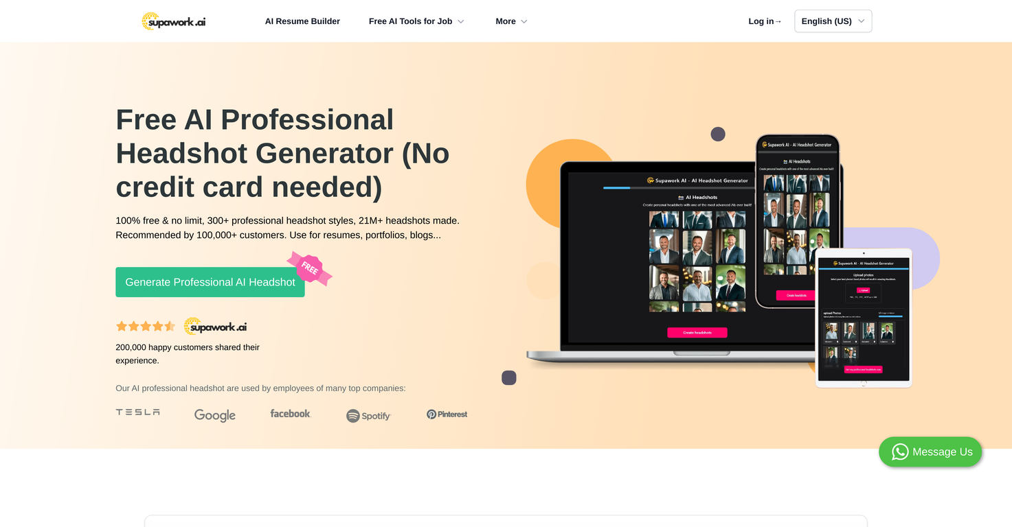 100% Free AI Headshot Generator | Supawork AI (no sig... screenshot