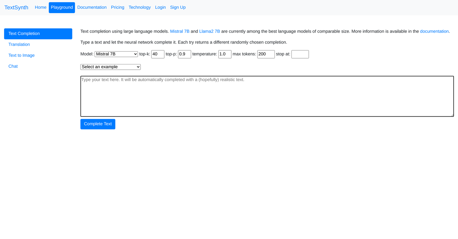 TextSynth Text Completion screenshot