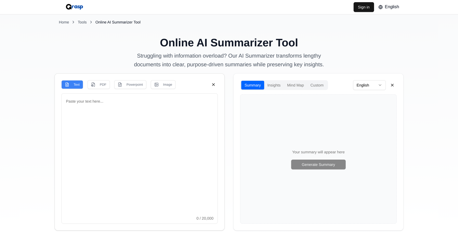 Grasp AI Summarizer Tool screenshot
