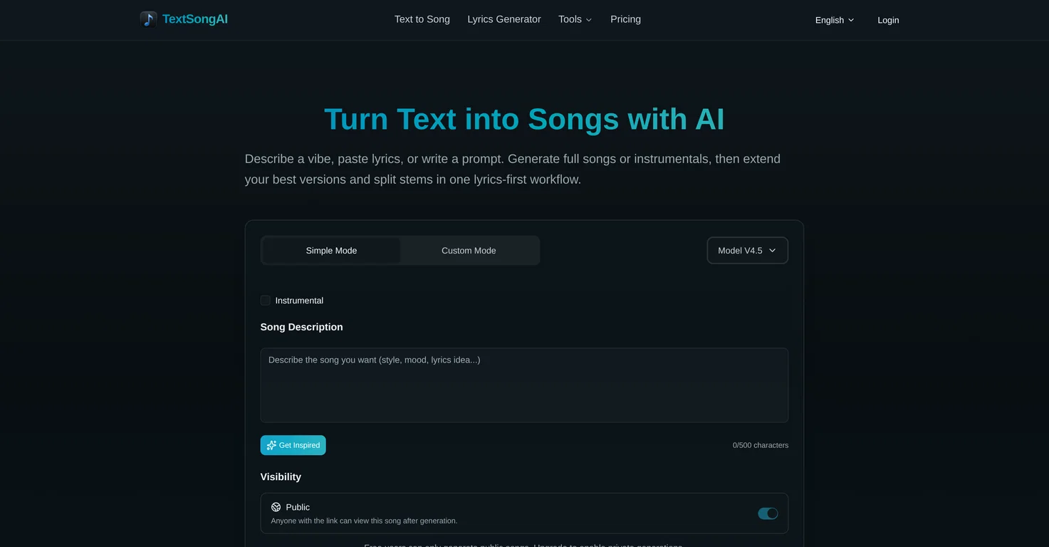 TextSongAI.com screenshot