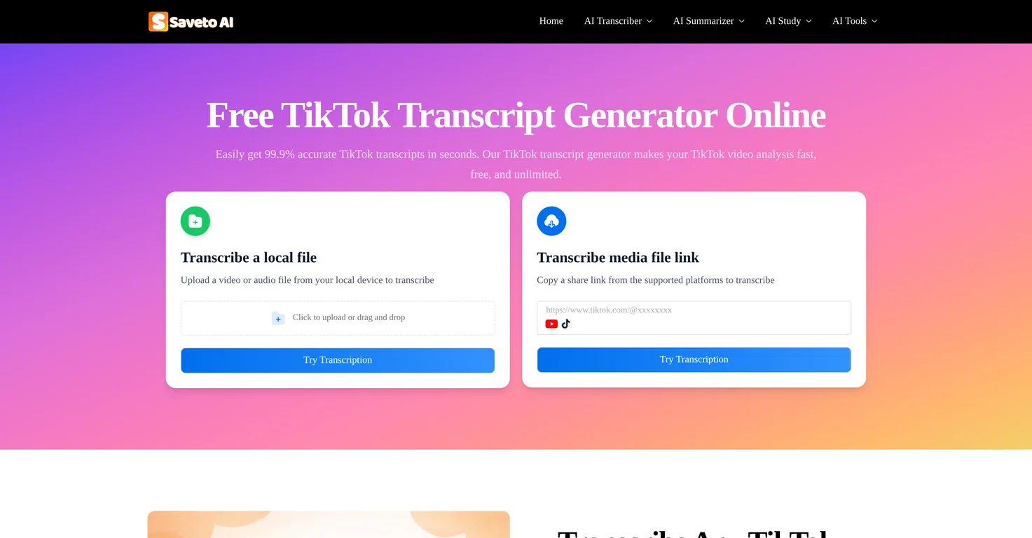 Saveto AI | TikTok Transcript Generator screenshot