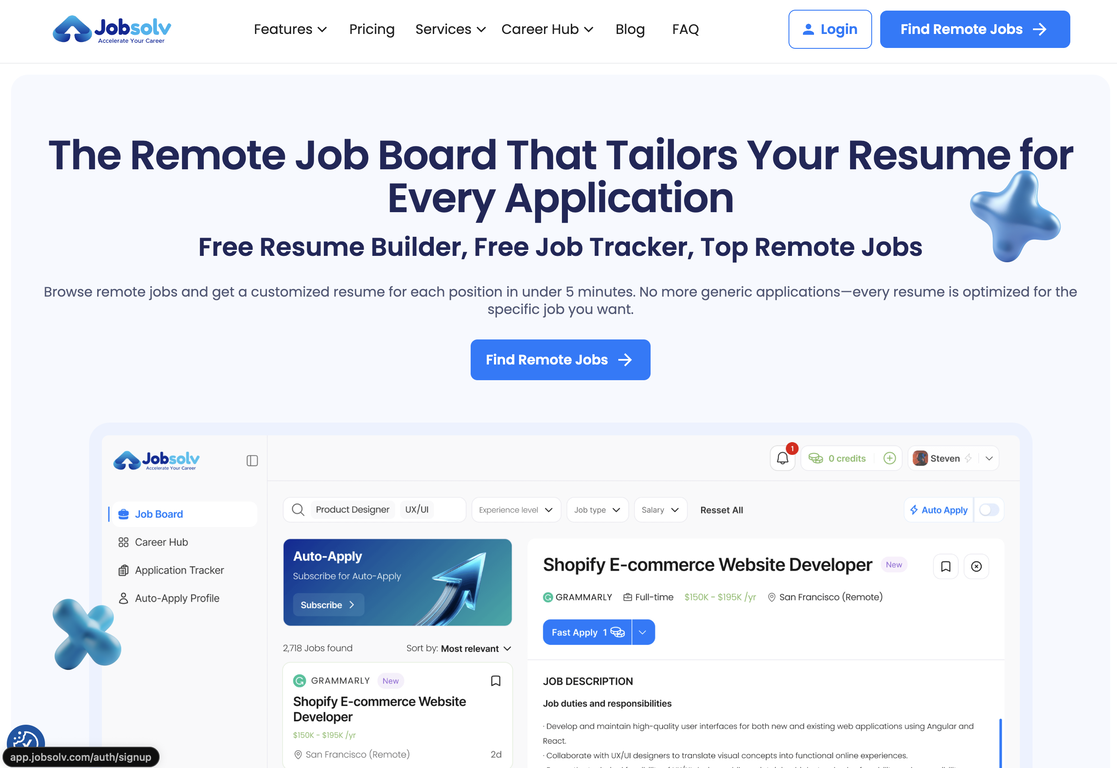 Jobsolv: Remote Job Board + AI Resume Tailoring screenshot