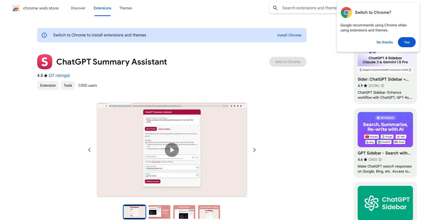 ChatGPT Summary Assistant screenshot