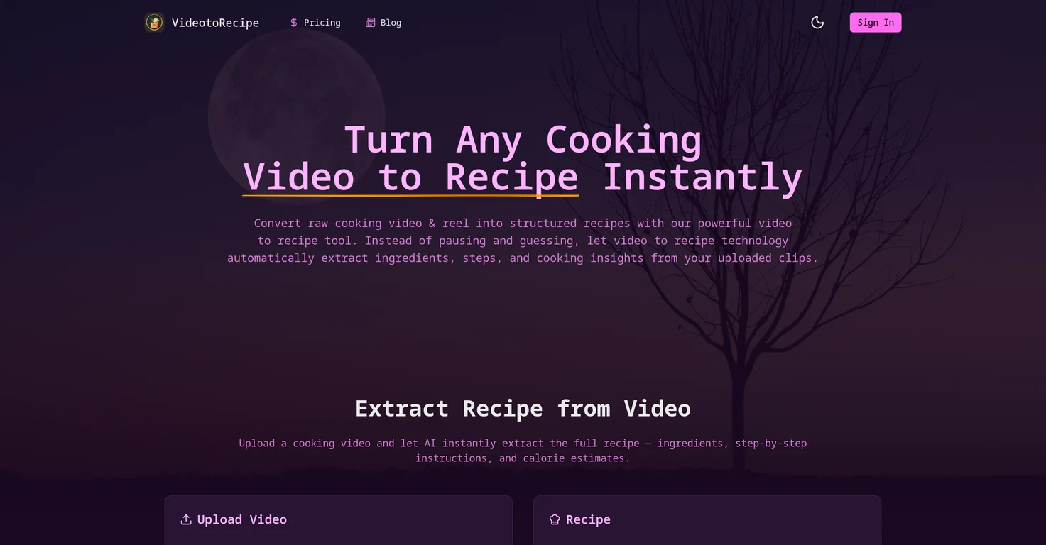 VideoToRecipe.org screenshot