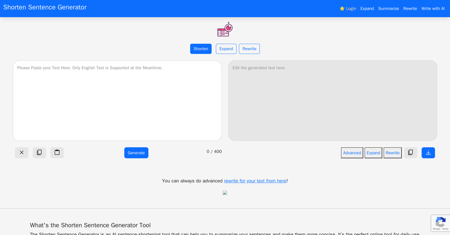 Shorten Sentence Generator screenshot