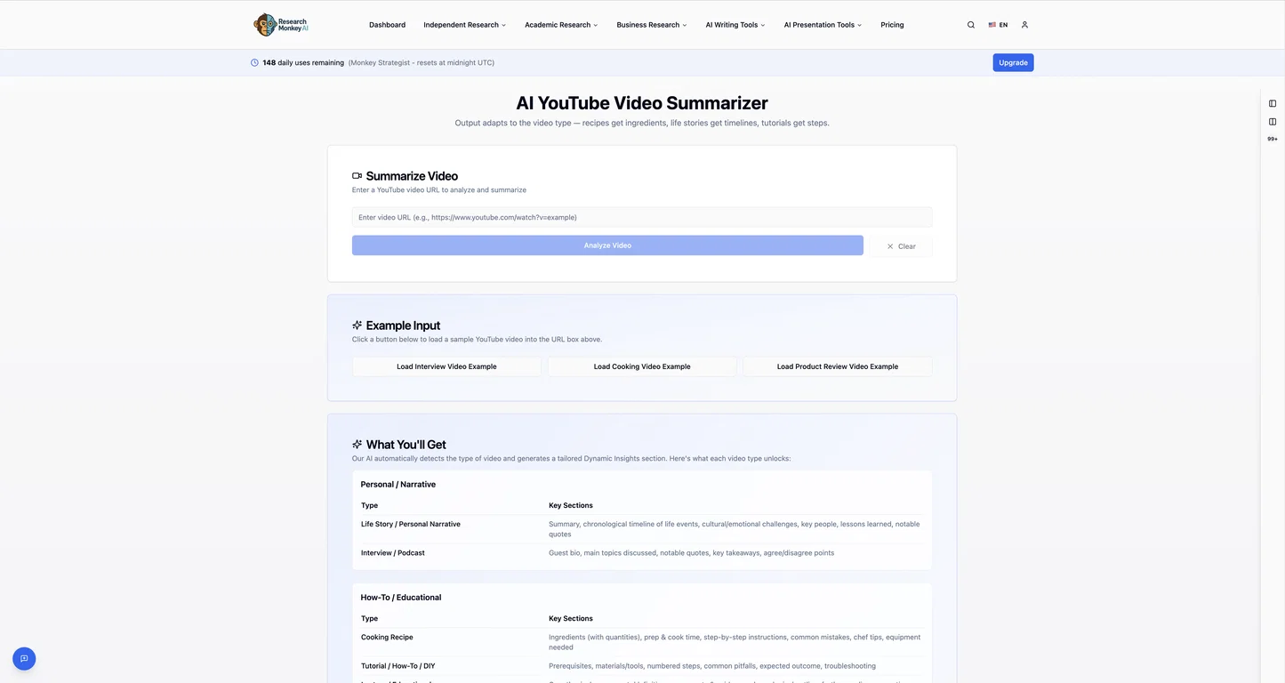 ResearchMonkey AI | YouTube Summarizer screenshot